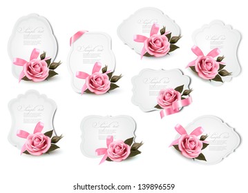 Collection of holiday greeting cards with pink roses. Vector