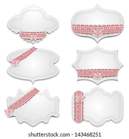 A collection of holiday greeting cards with pink lace ribbons and bow. Vector illustration.