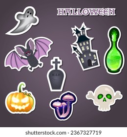 Collection of holiday Halloween' s  stickers. Ghost, bat, scary house, potion, magic mushrooms, scull, pumpkin images. Vector illustration in cartoon style on a dark purple background.