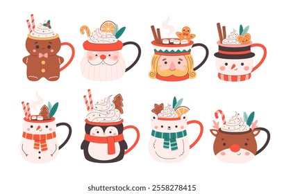 Collection of holiday hot drinks in cute mugs. Creamy coffee, hot chocolate, hot cocoa. Christmas drinks with festive toppings. Vector illustration in flat style