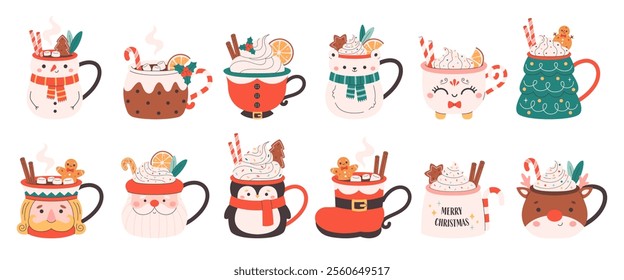 Collection of holiday hot drinks in cute mugs. Creamy coffee, hot chocolate, hot cocoa. Christmas drinks with festive toppings. Vector illustration in flat style