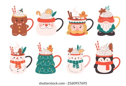 Collection of holiday hot drinks in cute mugs. Creamy coffee, hot chocolate, hot cocoa. Christmas drinks with festive toppings. Vector illustration in flat style