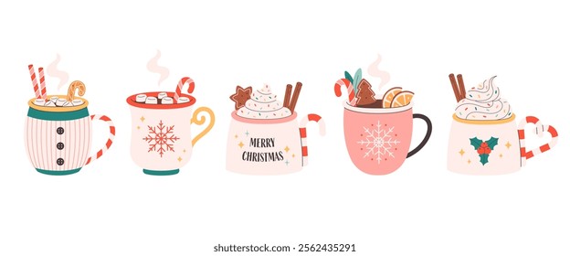 Collection of holiday hot drinks in cute mugs. Creamy coffee, hot chocolate, hot cocoa. Christmas drinks with festive toppings. Vector illustration in flat style