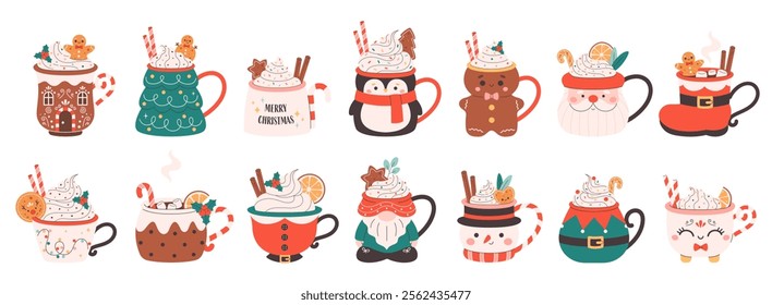 Collection of holiday hot drinks in cute mugs. Creamy coffee, hot chocolate, hot cocoa. Christmas drinks with festive toppings. Vector illustration in flat style