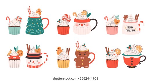 Collection of holiday hot drinks in cute mugs and sweet cupcakes with festive toppings. Vector illustration in flat style