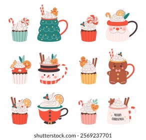 Collection of holiday hot drinks in cute mugs and sweet cupcakes with festive toppings. Vector illustration in flat style