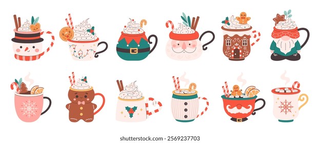 Collection of holiday hot drinks in cute mugs. Creamy coffee, hot chocolate, hot cocoa. Christmas drinks with festive toppings. Vector illustration in flat style