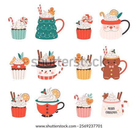 Collection of holiday hot drinks in cute mugs and sweet cupcakes with festive toppings. Vector illustration in flat style