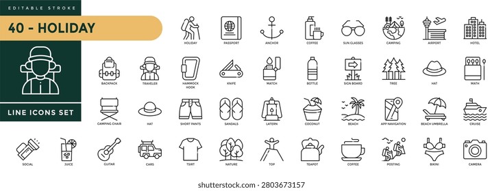 A collection of Holiday icons set with editable stroke, including sunset, island, vacation, travel, hotel, beach. Thin linear vector illustration