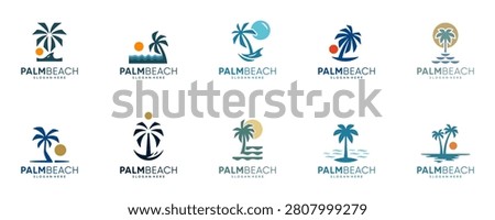 collection of holiday logos, with the concept of pine trees and beaches, tourist destinations, travel, vector design inspiration.