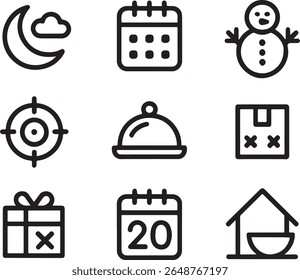 Collection of Holiday and Miscellaneous Icons Depicting Night Time, Celebrations, Goals, Food, and Home in Simple Line Art
