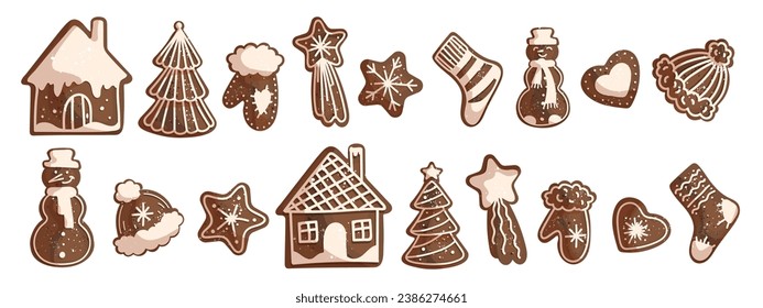 Collection of holiday pastries, gingerbread, Christmas gingerbread with icing. Vector graphics.