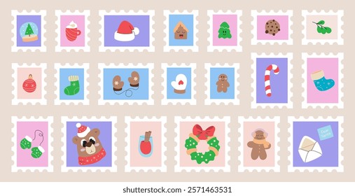 Collection of holiday postage stamp stickers. Kawaii illustration. Merry Christmas and Happy New year decorative stamp icon with seasonal symbols, cozy winter elements design.