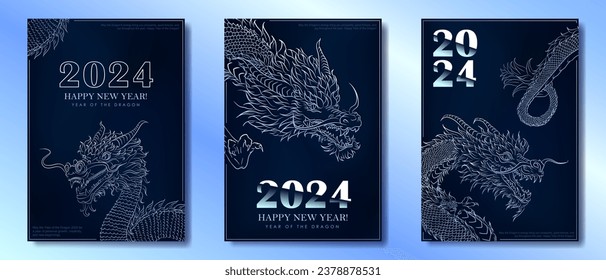 Collection of Holiday posters with hand drawn Asian dragon for 2024 Lunar New Year. Dragon as Chinese traditional horoscope sign on blue gradient background. Minimalist A4 greeting card  for Christmas