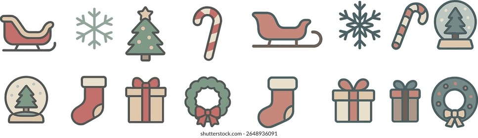 Coleção de ícones temáticos de férias que mostram elementos como trenós, flocos de neve, árvores de Natal e presentes, perfeitos para desenhos festivos e decorações durante a estação.