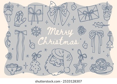 Collection of holiday whimsical illustrations: gifts, bows, Santa Claus, ornaments, snowflakes. Joyful Christmas atmosphere. Cheerful Merry Christmas greetings. Vintage coquette stickers, clip art set