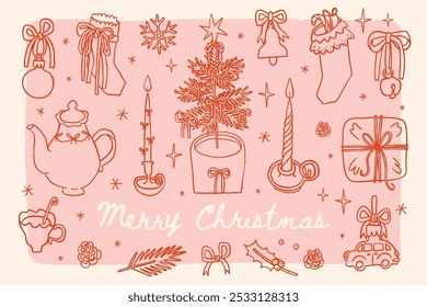 Collection of holiday whimsical illustrations: vintage Christmas tree with decorations, retro teapot, candles, gifts, stocking, Christmas toys. Vintage coquette stickers, clip art vector set