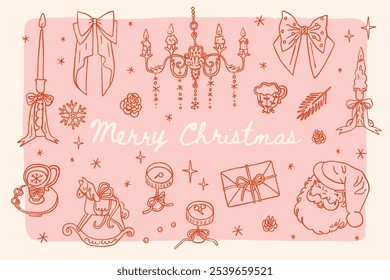 Collection of holiday whimsical illustrations: vintage Christmas tree with decorations, retro bows and ribbons, candles, gifts, stocking, Christmas toys. Vintage coquette stickers, clip art vector set