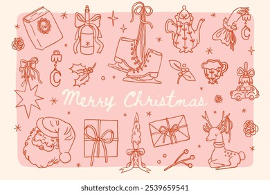 Collection of holiday whimsical illustrations: vintage Christmas tree with decorations, retro bows and ribbons, candles, gifts, stocking, Christmas toys. Vintage coquette stickers, clip art vector set