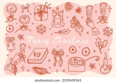 Collection of holiday whimsical illustrations: vintage Christmas tree with decorations, retro bows and ribbons, candles, gifts, stocking, Christmas toys. Vintage coquette stickers, clip art vector set