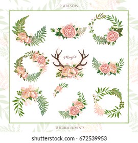Collection of holiday wreaths rustic. Magic floral and animal elements