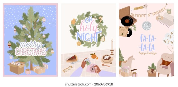 Collection of Holidays cards. Seasonal cozy hygge home decor, food. Perfect for Merry Christmas, Happy New Year, holidays, invitation card and greeting card. Editable vector illustration.