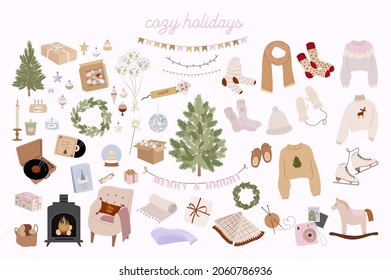 Collection of Holidays elements and cozy hygge home decor. Perfect for Merry Christmas, Happy New Year, holidays, invitation and greeting card. Editable vector illustration.