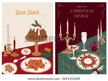Collection of Holidays Greeting or Invitation cards. Perfect for Christmas, New Year, Winter Holidays. Vintage Cozy Christmas posters. Editable Vector Illustration.