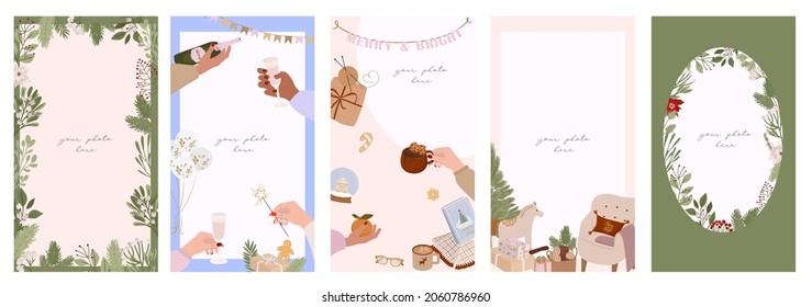 Collection of Holidays instagram stories. Frame for photo with Seasonal cozy hygge home decor, food. Perfect for Merry Christmas, Happy New Year, holidays. Editable vector illustration.