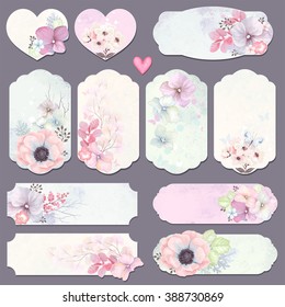 Collection Holidays Labels With Design Elements, Butterfly And Flowers, Vector Illustration In Vintage Style On Watercolor Background.