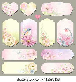 Collection holidays labels with design elements, Robin and Blue-tail birds, flowers and leaves, vector illustration in vintage style on watercolor background.