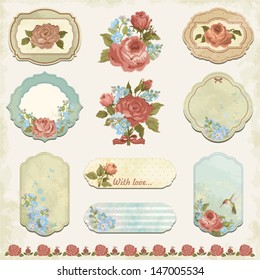  Collection holidays labels with roses and forget me not in vintage style.