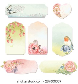 Collection holidays labels with watercolor design elements, butterfly, bird Robin and flowers, vector illustration in vintage style.