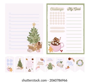 Collection of Holidays planner, checklist and stickers, gift tags. Seasonal cozy hygge home decor, food. Editable vector illustration.