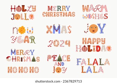 Collection of holidays quote from christmas decoration letters. Christmas greeting quotes. Editable vector illustration.