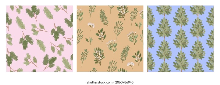 Collection of holidays seamless pattern with Seasonal plants. Perfect for Merry Christmas, Happy New Year, holidays wrapping papper. Editable vector illustration.