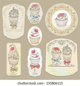 Collection of holidays vintage labels with cupcakes, vector illustration.