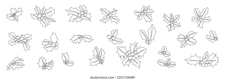 Collection of Holly Berry in doodle style. Isolated Hand drawn Holly berry icons set, isolated on background. Christmas decor. Vector illustration.