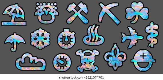 Collection holographic shapes, retro futuristic design elements, infographic shapes, geometric and stylish objects. Modern object concept for symbol, sign, logo, template, sticker. Vector illustration