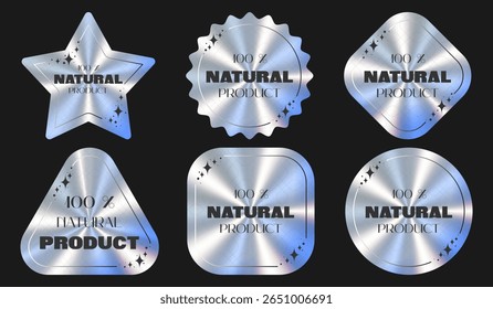 Collection of holographic stickers of geometric shapes 100% natural product. Rainbow hologram of natural products. Vector image.