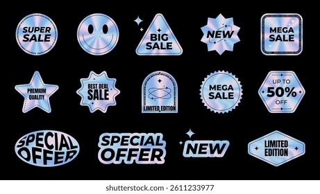 Collection of holographic stickers for sale. Colorful shiny labels in various geometric shapes with iridescent foil effect. Bright neon tags and emblems. Vector illustration.