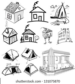 Collection of home apartments. Sketch vector set of houses in doodle style