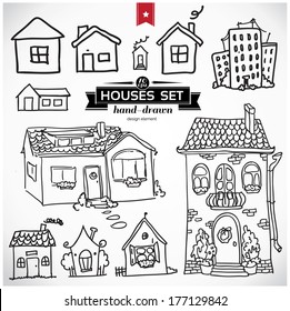 Collection of home apartments. Sketch vector set of houses in doodle style