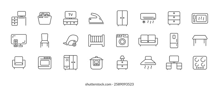 Collection of home appliance line icons including furniture and electronics. Linear vector