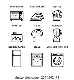 A collection of home appliances in black outline style.