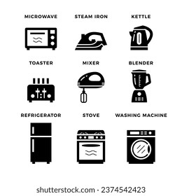 A collection of home appliances in black solid style.
