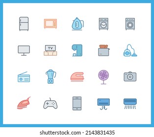Collection of home appliances color icons. Set of TV, computer symbols drawn with thin contour lines. Vector illustration.