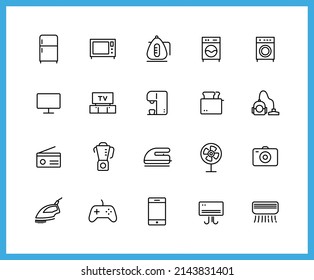 Collection of home appliances linear icons. Set of TV, computer symbols drawn with thin contour lines. Vector illustration.