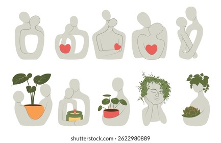 A collection of home decor items featuring human figures with hearts, hugs, plant stands and candles. Minimalist emotional design, perfect for decor, well-being and mental health concepts.