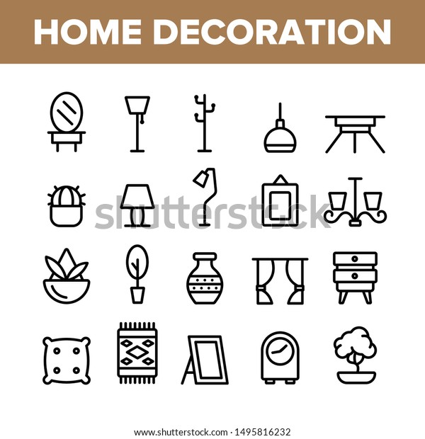 Collection Home Decoration Items Vector Icons Set Thin Line. Chandelier